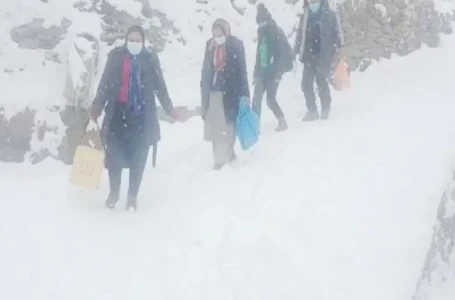 बर्फ में पैदल सफर कर रहे  स्वास्थ्य विभाग की टीम